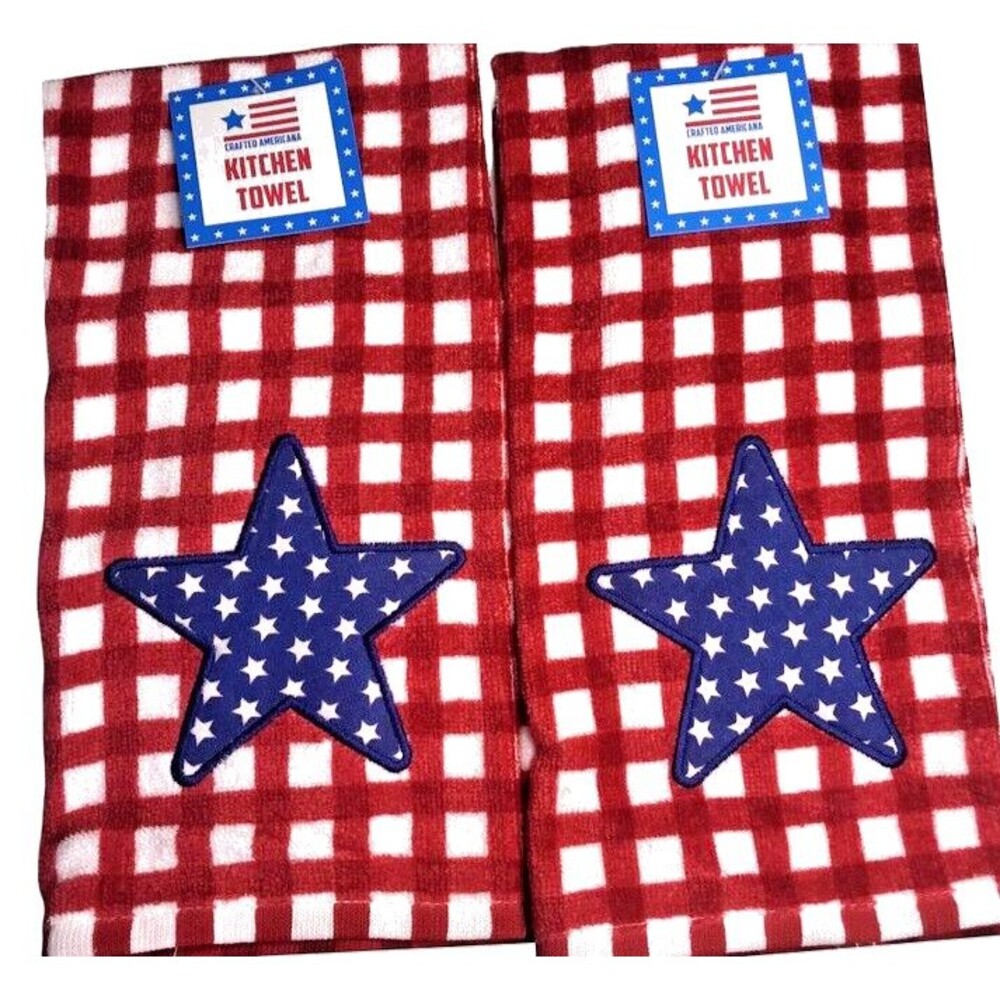 America 4th Of July Kitchen Dish Towels Set of 2 Red Paid Blue Applique Star
